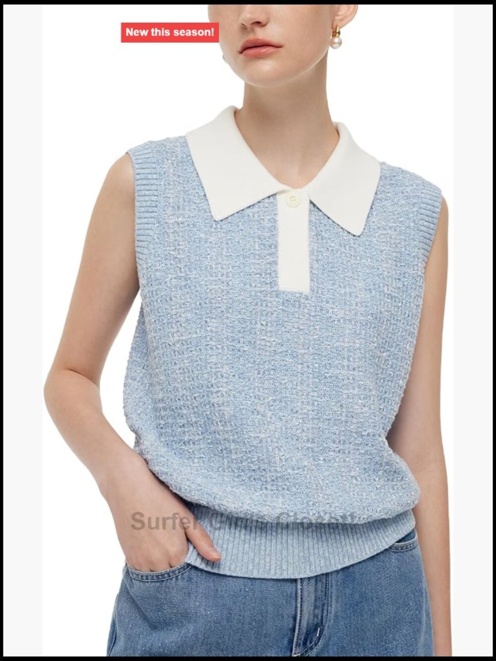 Sleeveless Cotton Knit Polo Tank Top Contrast Collar Tweed Texture